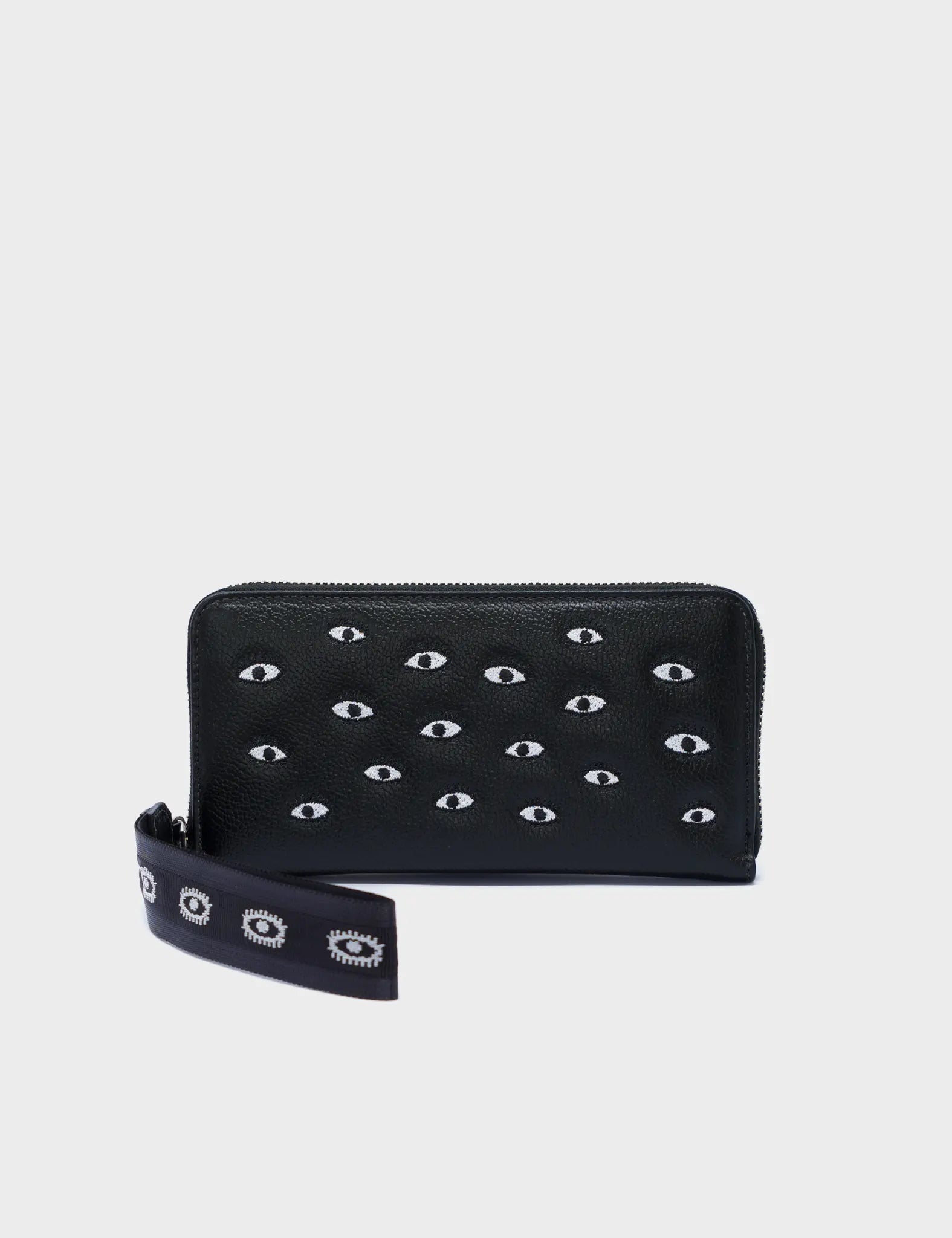 Francis Black Leather Wallet - All Over Eyes Embroidery - Front View