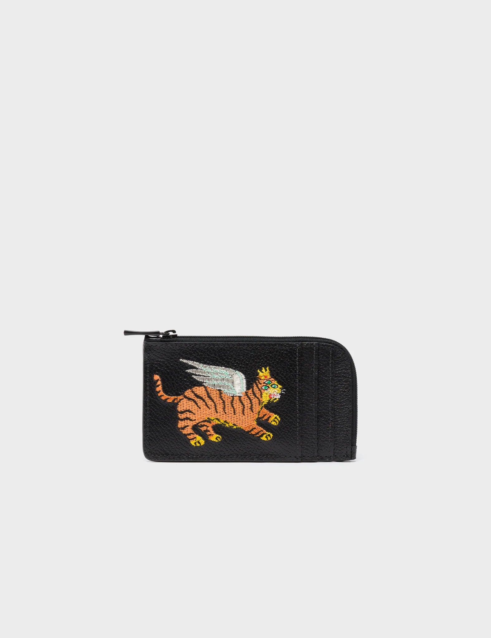 Fausto Black Leather Zip-around Cardholder - Flying Tiger Embroidery - Front View