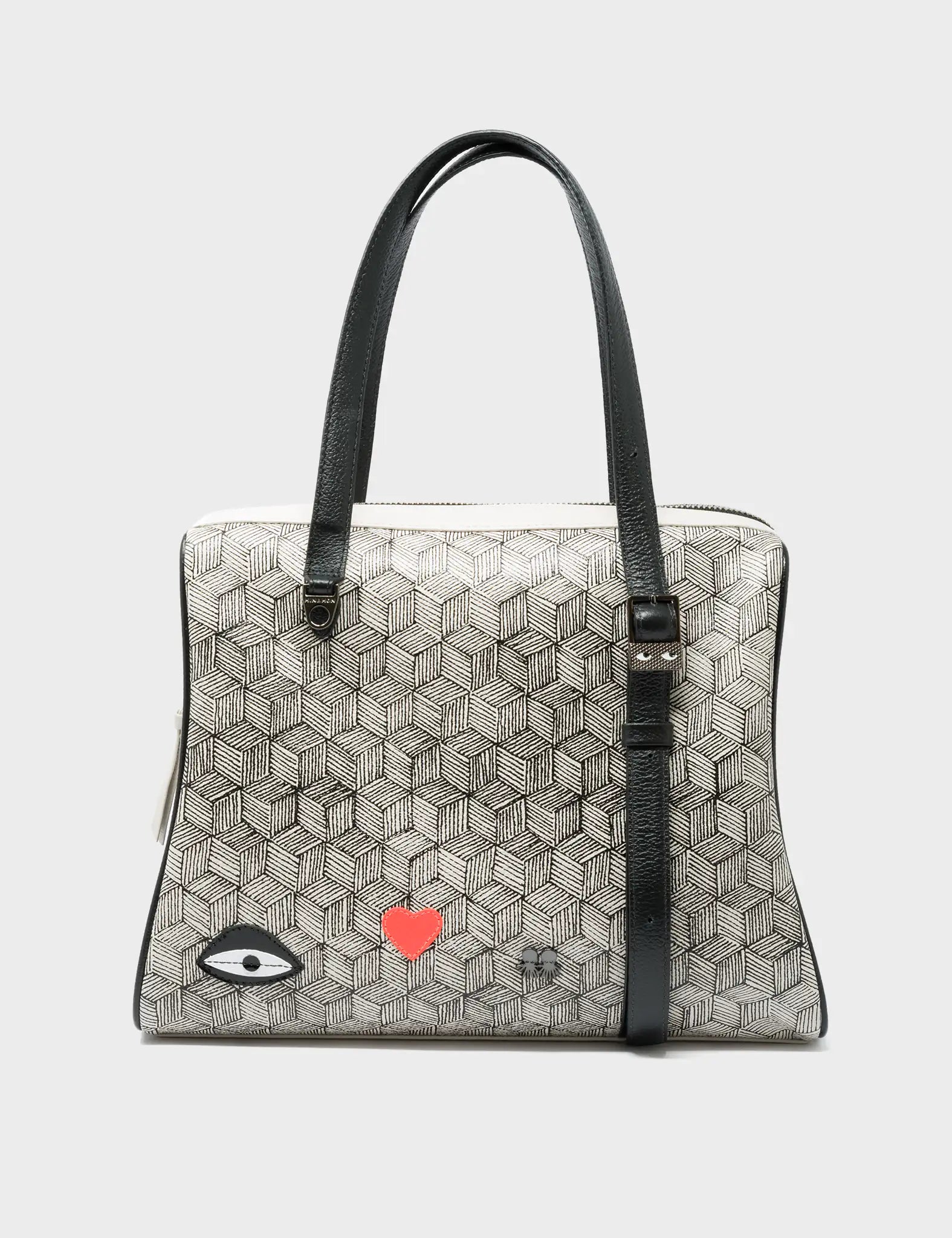 Esther Cream and Black Satchel Bag - Cubes Design - Front View