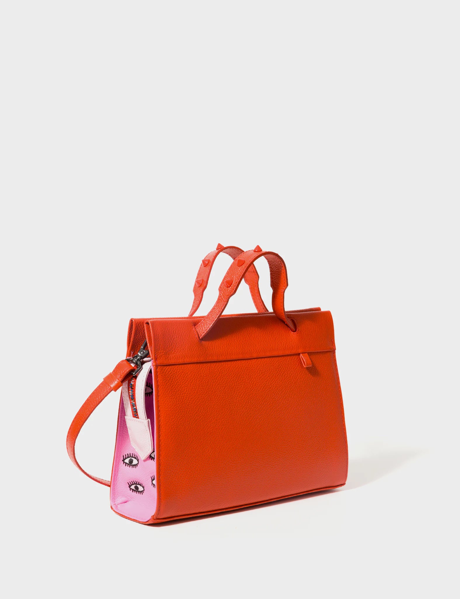Vali Crossbody Small Fiesta Red and Bubblegum Pink Leather Bag - All Over Eyes Embroidery - Handles View
