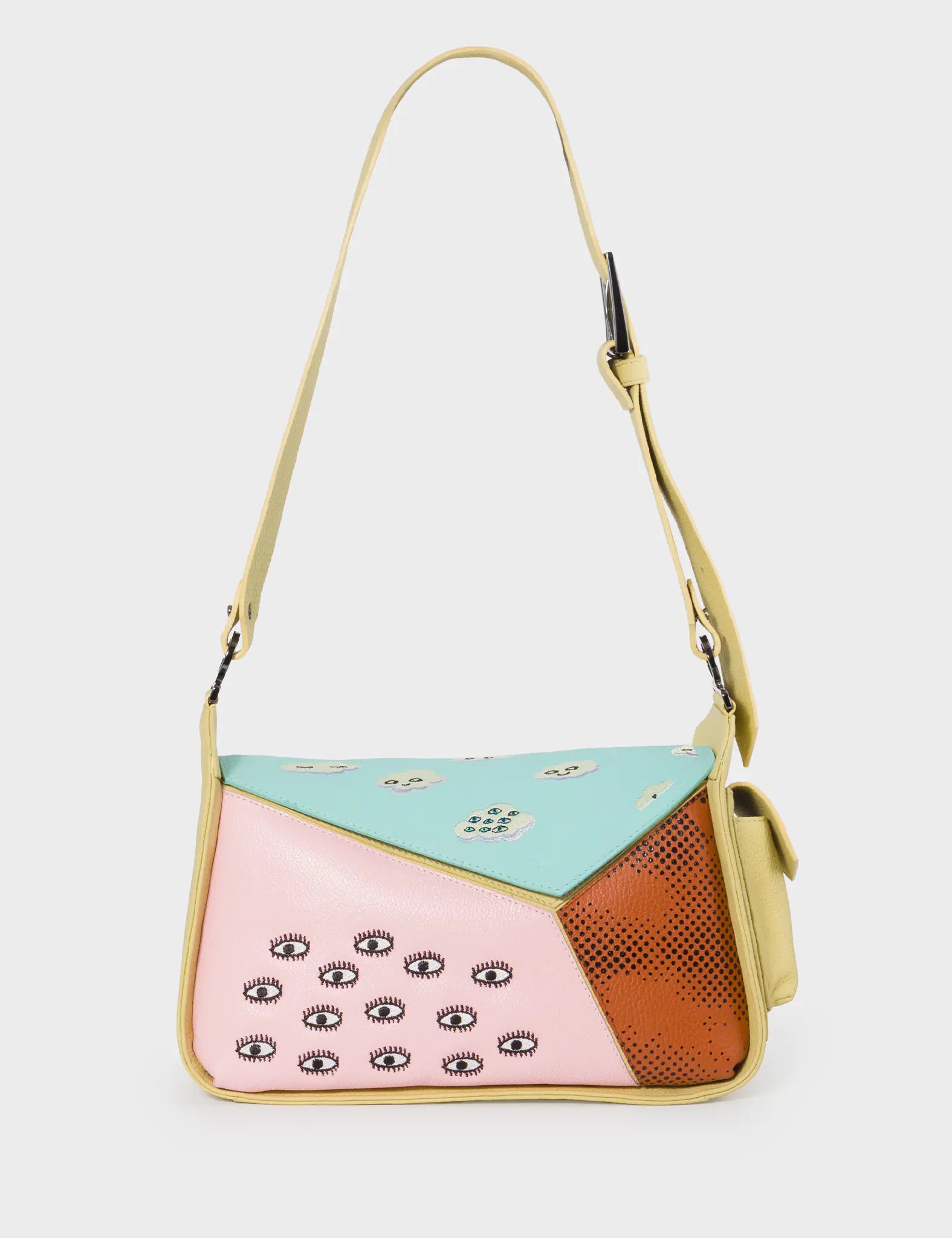 Houston Cocoon Leather Shoulder Bag - Happy Clouds Embroidery - Front View