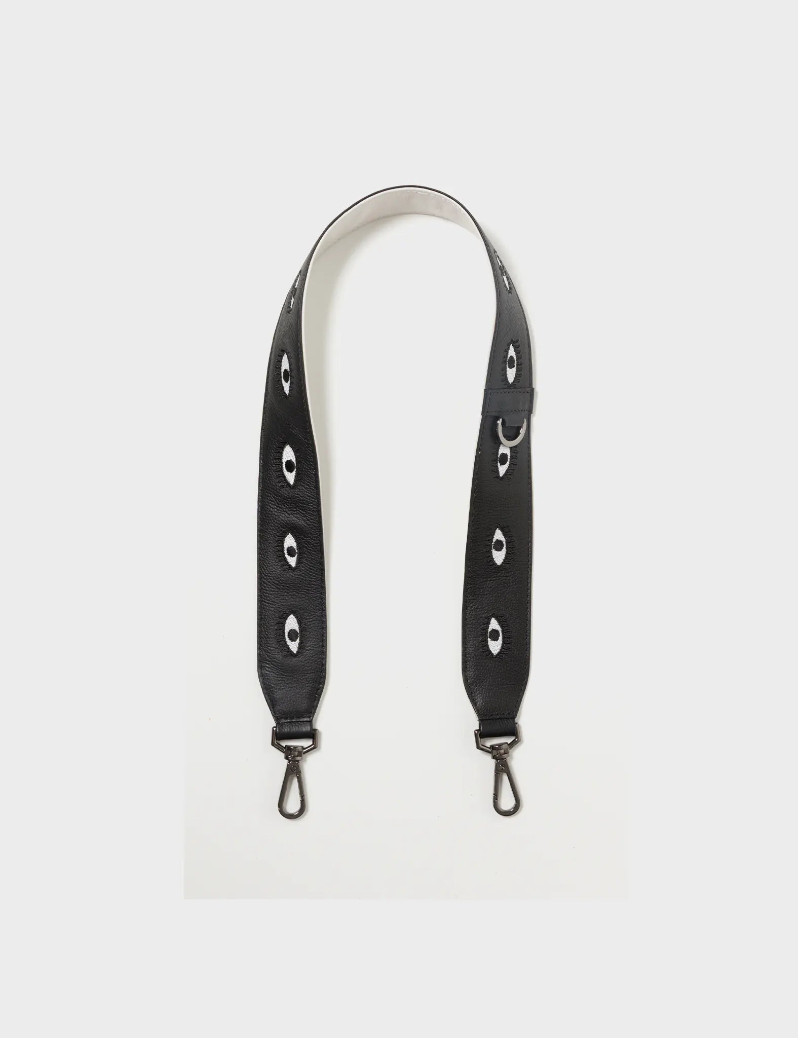 Detachable Short Black Leather Shoulder Strap - All Over Eyes Embroidery. - Open View
