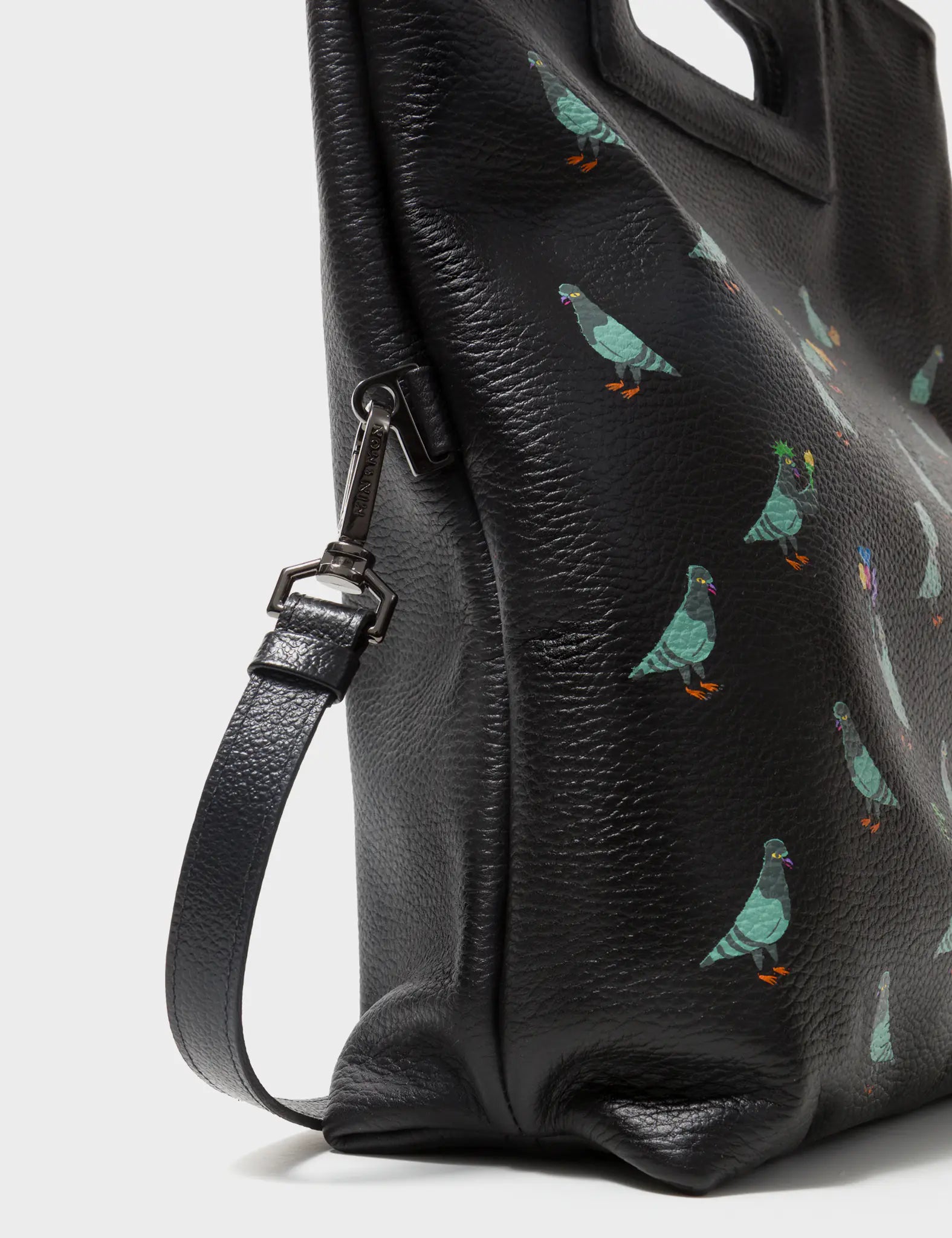 Milo Convertible Crossbody Bag - Black Leather Pigeonzilla Embroidery - Side View