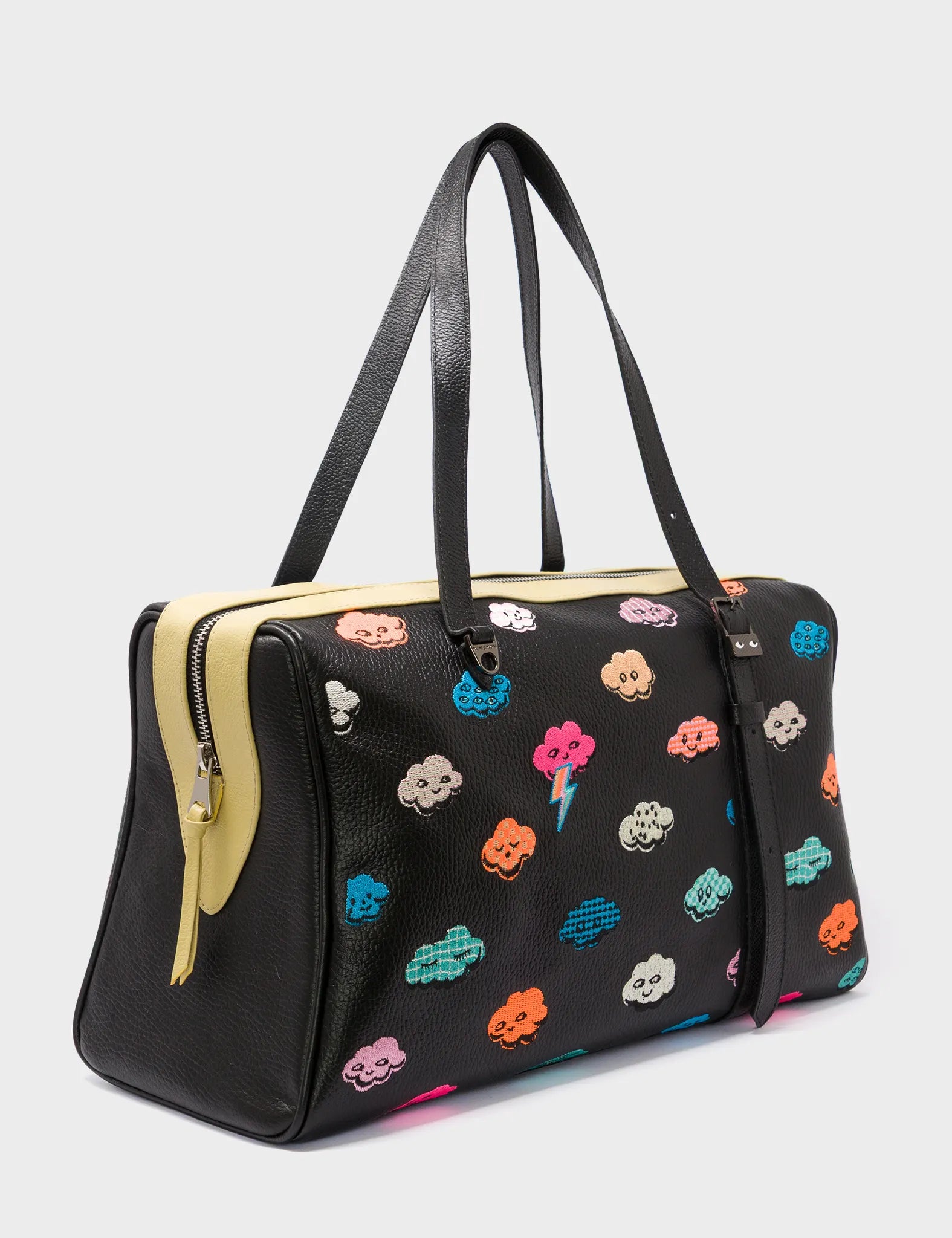 Esther Large Black Duffle Bag - Happy Clouds Design - Main View