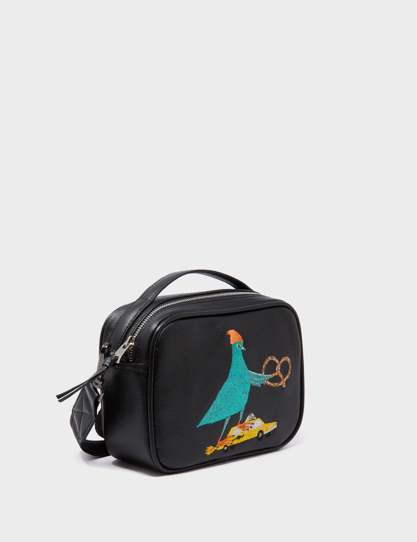 Verto Black Leather Crossbody Bag - Urban Pigeon Embroidery - Main View