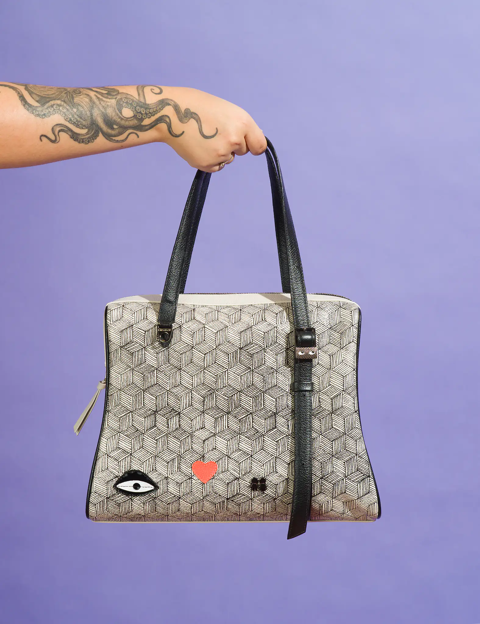 Esther Cream and Black Satchel Bag - Cubes Design - Model View
