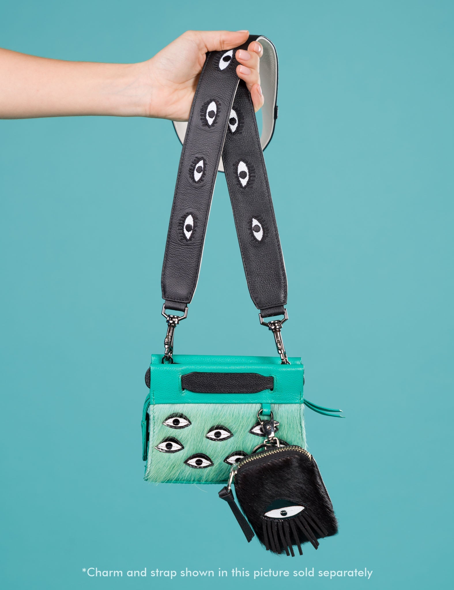 Detachable Black Leather Shoulder Strap - All Over Eyes Embroidery - Personalize Your Bag